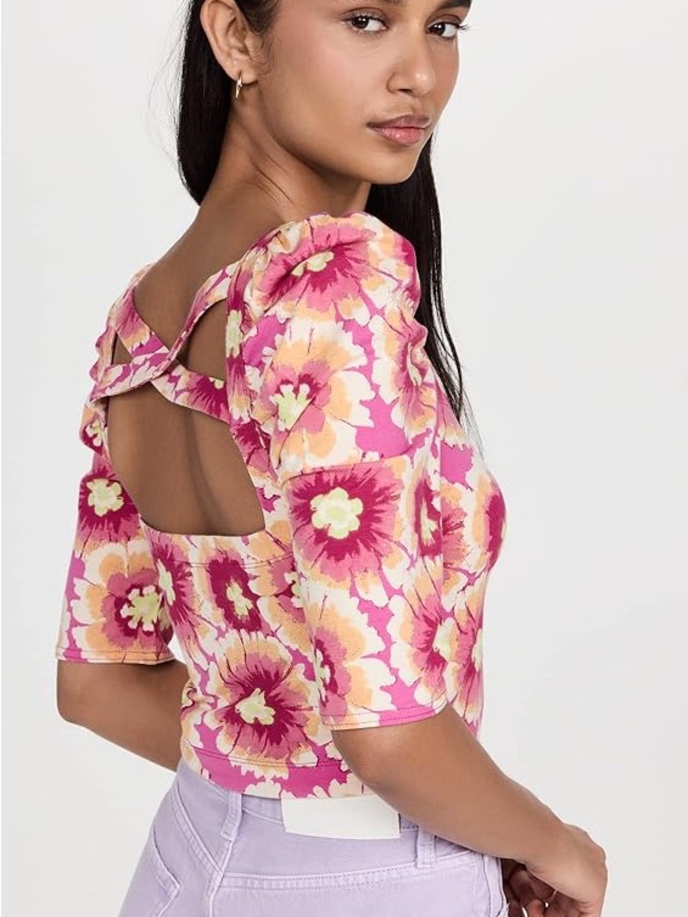 Free People | Pink & Yellow Floral Puff-Sleeve Crop Top w/Open Crisscross Back